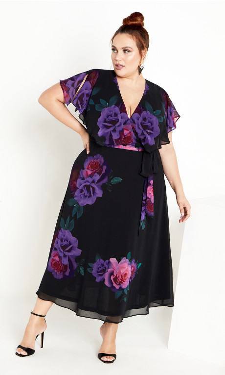 Women's Plus Size Tied Rose Black Bright Bloom Maxi Dress